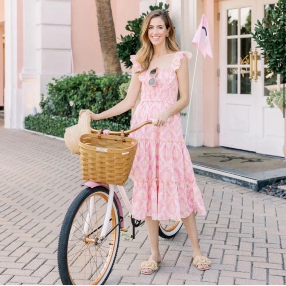 Sail to Sable Pink Ruffle Shell Print Midi Dress • NWOT • Size XS